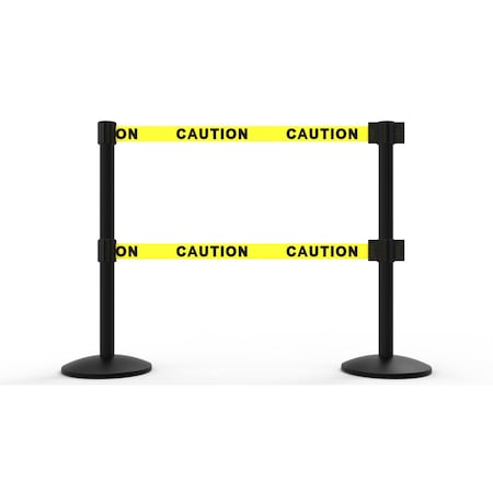 QLine Retractable Dual Belt Barrier X2, Black Post, Yellow Caution, 2PK